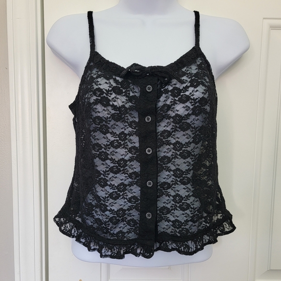 John Galt Black Ruffle Bottom Lace Button Front Cami Top Blouse OS / Small - Picture 4 of 12